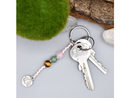 Macramé klíčenka LOTOSOVÝ KVĚT - tygří oko, zelený avanturín, růženín