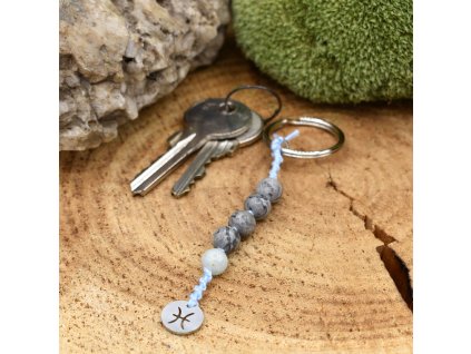 Macramé klíčenka z minerálů RYBY - akvamarín, krajinový jaspis, chirurgické ocel