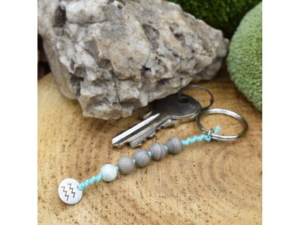 Macramé klíčenka z minerálů VODNÁŘ - amazonit, stříbrný jaspis, chirurgické ocel