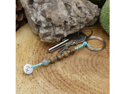 Macramé klíčenka z minerálů STŘELEC - labradorit, sloní jaspis, chirurgické ocel
