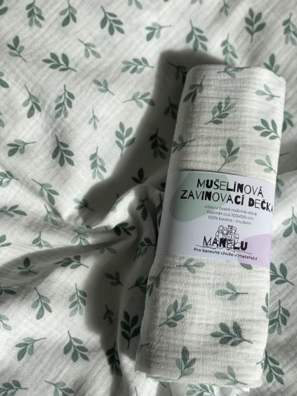 Mušelínová Zavinovací dečka Zelené lístky