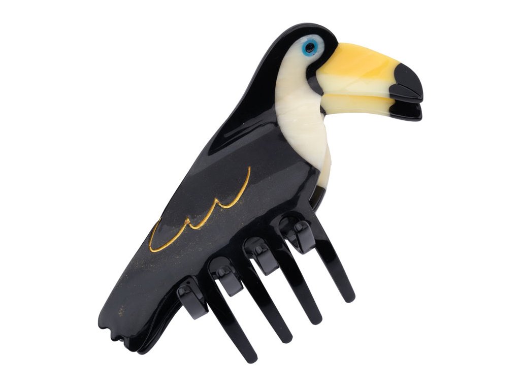 coucou suzette accessoire accessory cadeau gift pince a cheveux hair claw coiffure hairstyle chignon bun fins thin épais thick acetate rigolo fun original coloré colorful animal oiseau bird toucan web 2