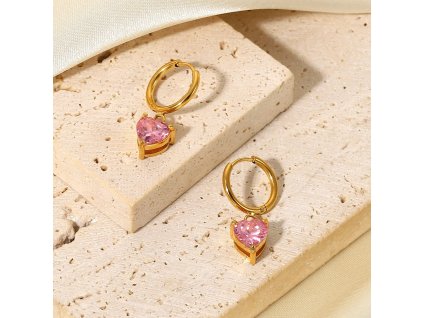 Náušnice RUŽOVÉ SRDCE pozlatene 18k chirurgicka oceľ