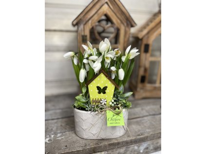 Fehér ovális kaspó házikóval