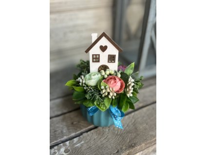 Házikós virágos kaspó kék