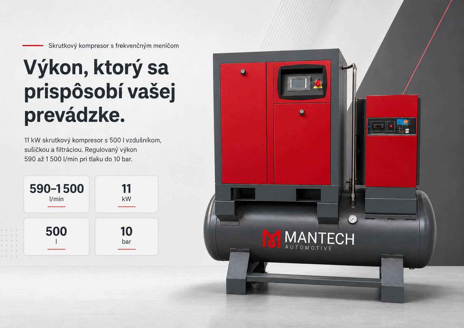 Skrutkový kompresor KKS 15/500 FD s frekvenčným meničom, 500 l vzdušníkom a sušičkou