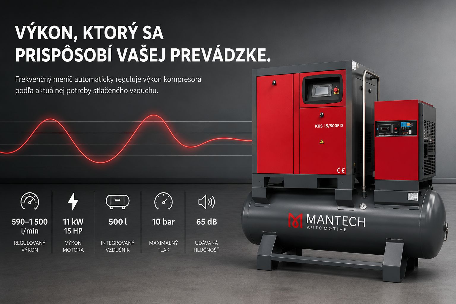 Frekvenčné riadenie výkonu skrutkového kompresora KKS 15/500 FD
