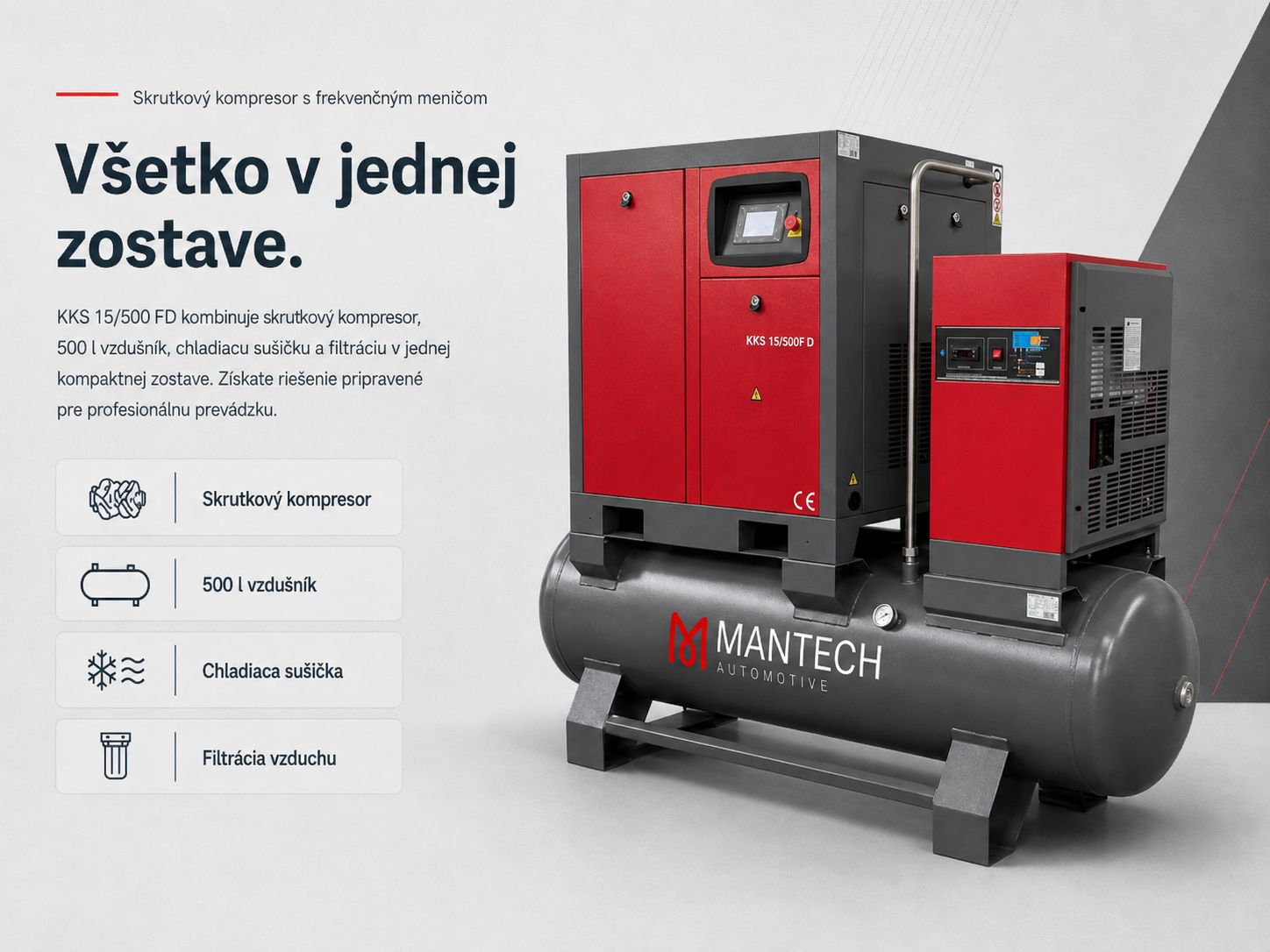KKS 15/500 FD ako kompletná zostava kompresora, vzdušníka, sušičky a filtrácie