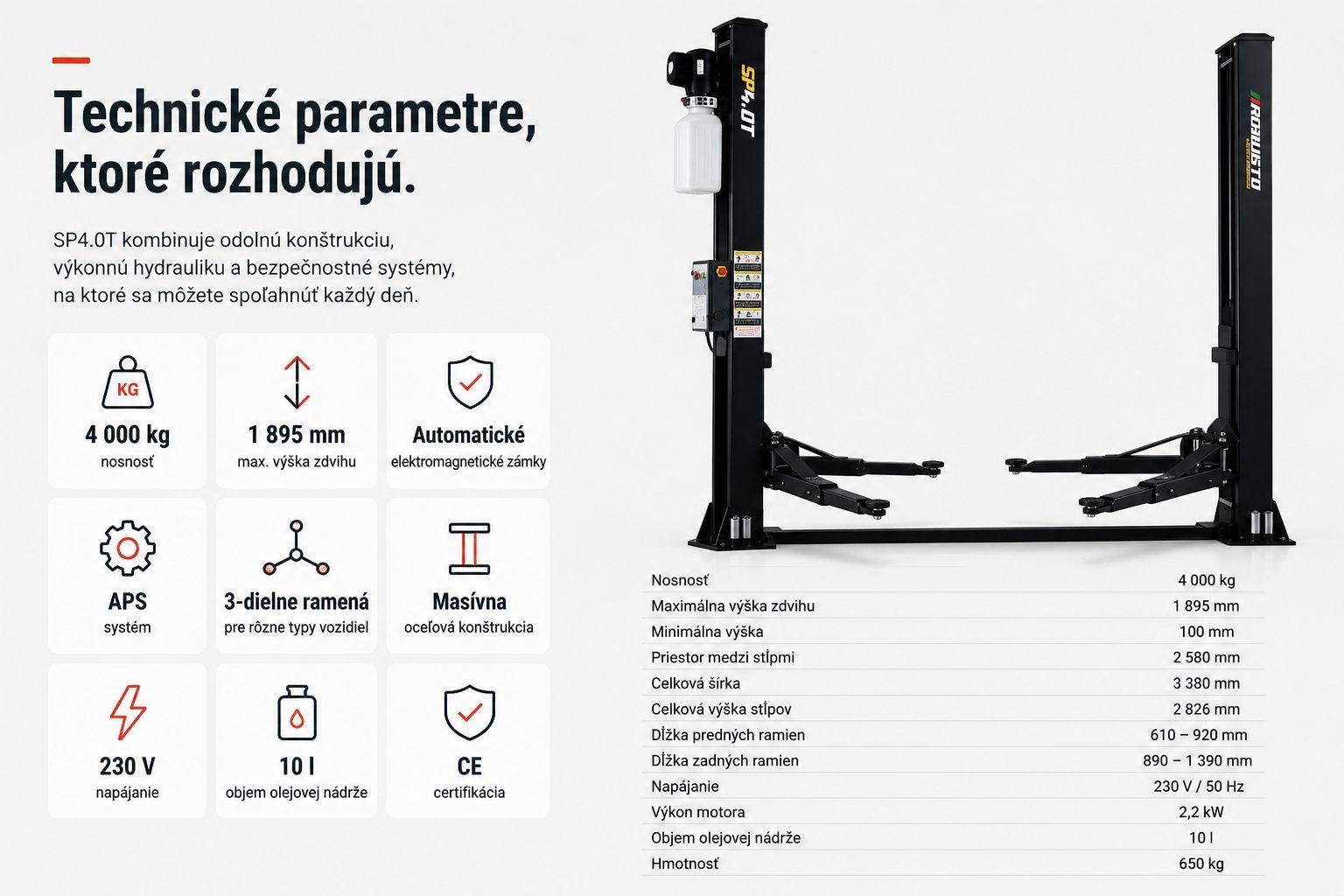 Technický prehľad dvojstĺpového zdviháka ROBUSTO SP4.0T