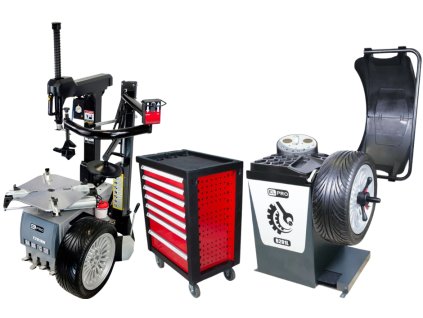 PNEUPROFI štartovacia sada - Automatická 2-rýchlostná prezúvačka T201.RN2V s ramenom RunFlat + Automatická vyvažovačka kolies B201L + Vozík na náradie, dielenská skriňa 420el