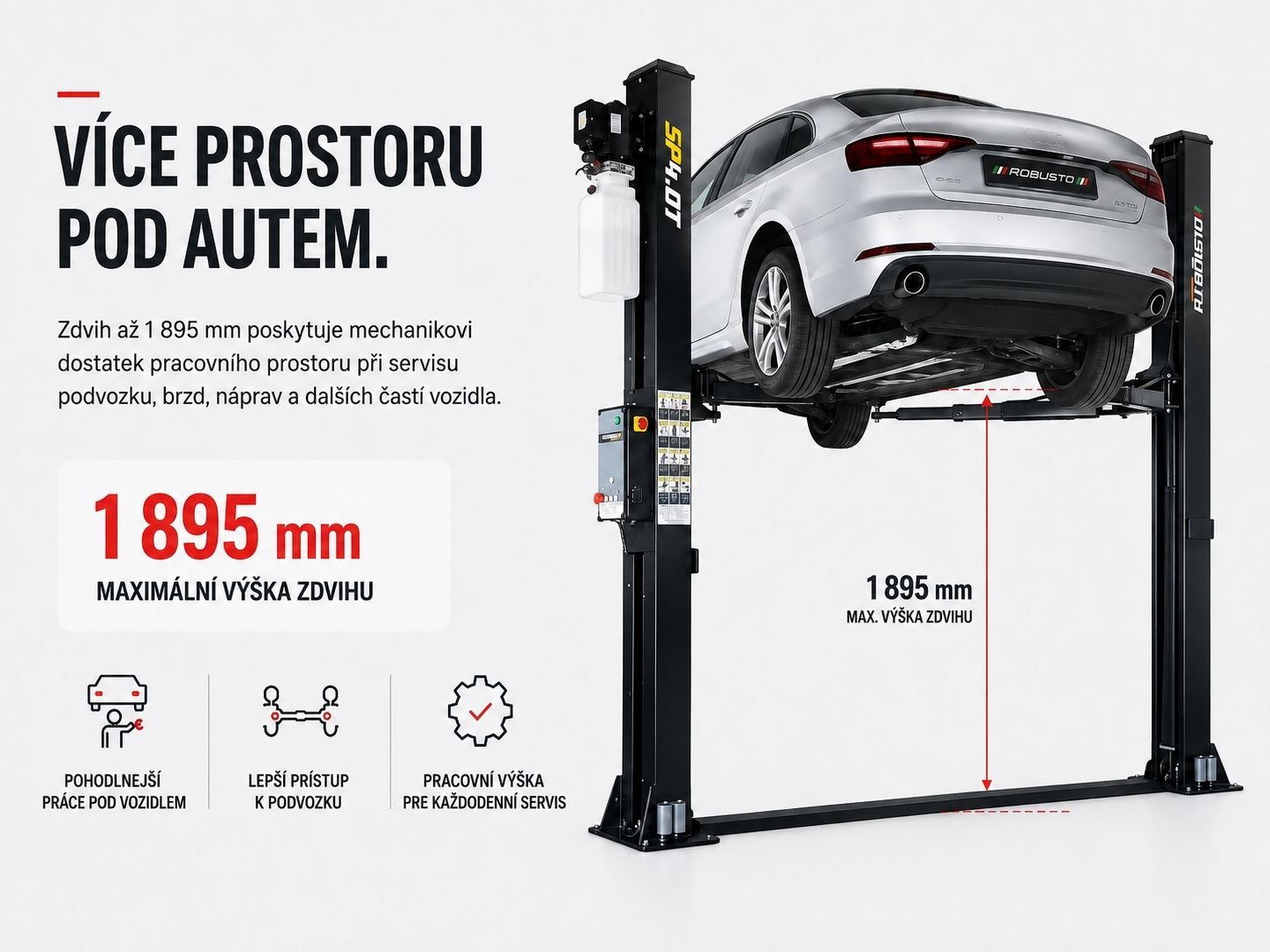 Pracovní výška zvedáku ROBUSTO SP4.0T 1895 mm
