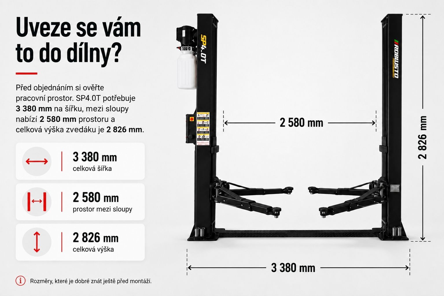 Rozměry dvousloupového zvedáku ROBUSTO SP4.0T