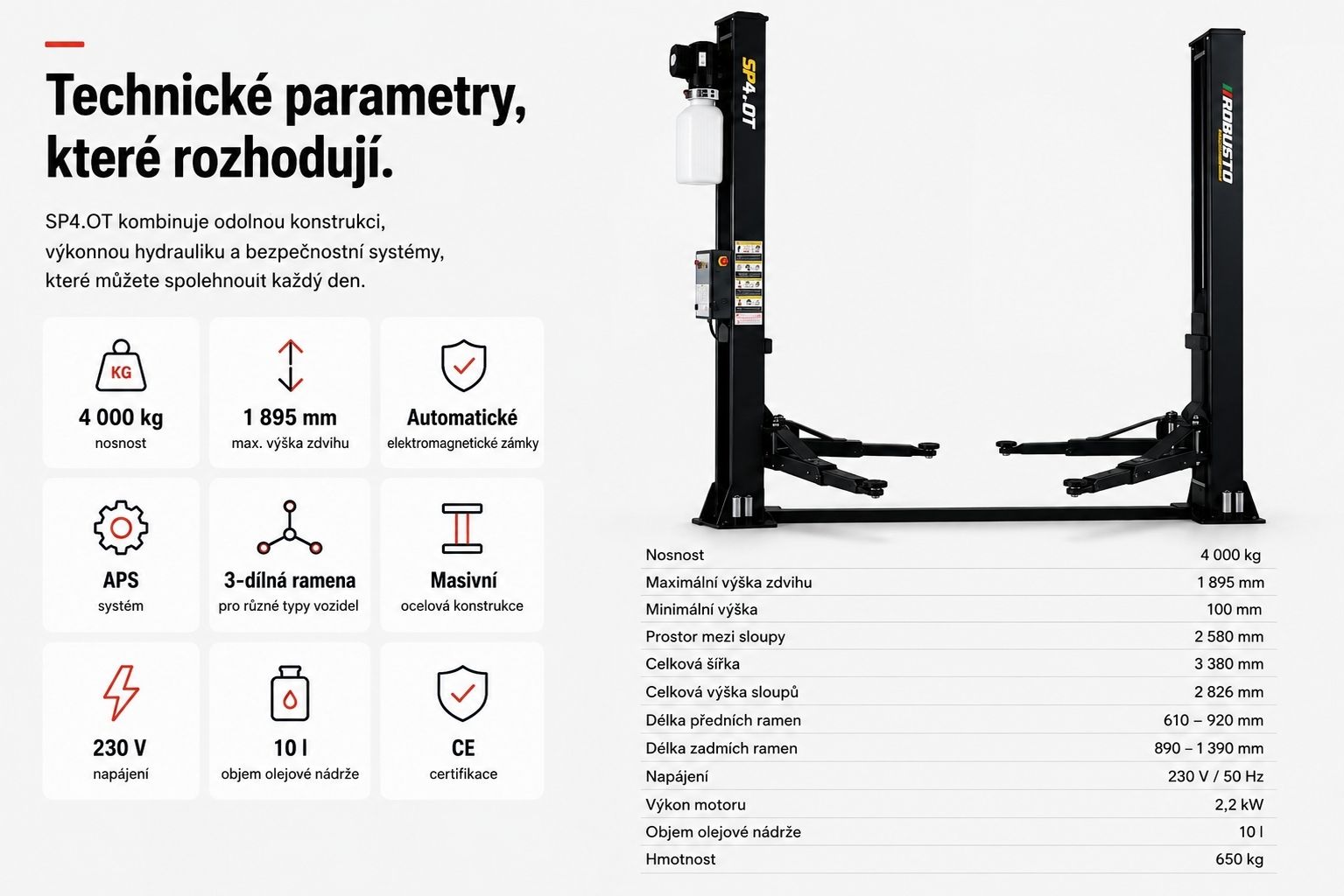 Technický přehled dvousloupového zvedáku ROBUSTO SP4.0T