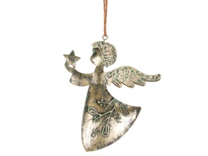 Anděl kovový s hvězdou závěsný, M, barva zlatá antik