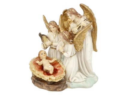 ANDĚLÉ 3 POSTAVY S DÍTĚTEM V POSTÝLCE