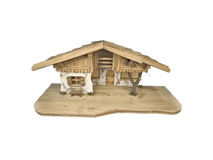 Betlém dům, s dřevěnou větví, bílá zeď, dřevěná střecha