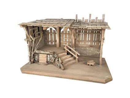 Betlém dům, šedý s kůrou, schody, vroubkovaná šedá zeď