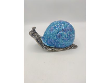 Šnek kulatý domek, střední, 23cm, TV modrý, žlutě kropenatý