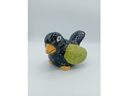 Ptáček černý kulatý stojící, 15cm, zelená křídla