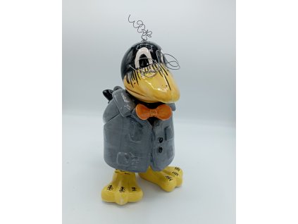 havran „Gerhard – profesor“ v šedém saku, s oranžovým páskem, brýlemi a kovovými vlasy 26 cm