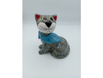 KOČKA SEDÍCÍ S MODRÝM ŠÁTKEM ,22CM, ŠEDÁ (KROP)