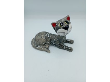 Kočka ležící, 25cm, šedá kropenatá