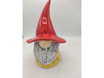 Hlava trpaslíka, vysoký klobouk, 30cm, červeno-žlutá