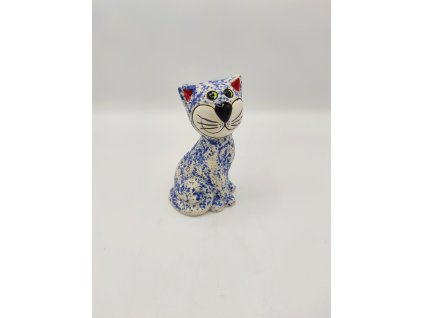 Kočka sedící, bílo-modrá, 14cm, 1250°C