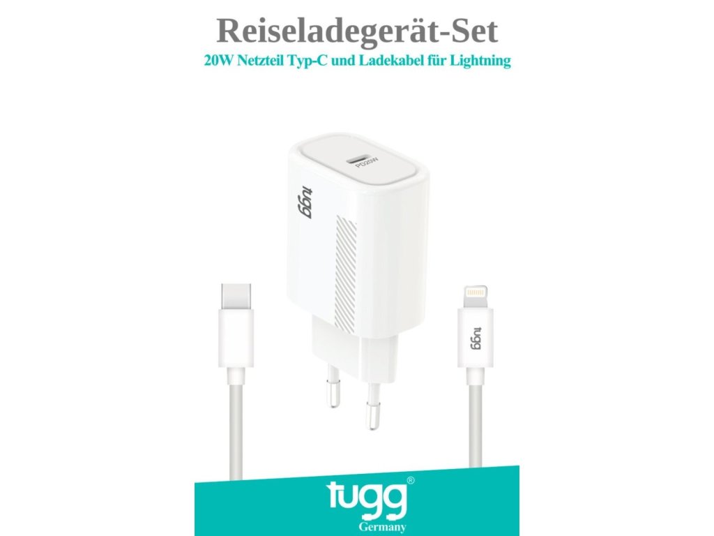 Tugg Travel Charger Set 20W Power Adapter Type-C and Charging Cable for Lightning