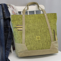  Velký dámský shopper | taška v kombinaci pravé kůže béžové barvy, a pevné látky okrové barvy, vyrobený ručně od Marabe