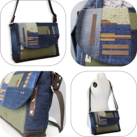  Crossbody taška velikost A4 v kombinaci hnědé kůže a recyklované rifloviny, doplněná kanvasem v barvě khaki, vyrobená ručně na zakázku od Marabe