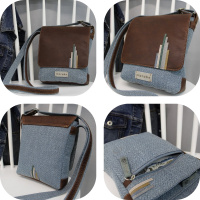 Kožená crossbody kabelka, kombinace hnědé kůže a modré pevné látky, ruční výroba od Marabe
