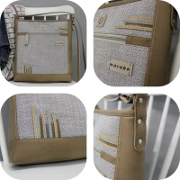   Kožená crossbody kabelka středně velká, kombinace béžové kůže a světle šedé pevné látky, ruční výroba od Marabe
