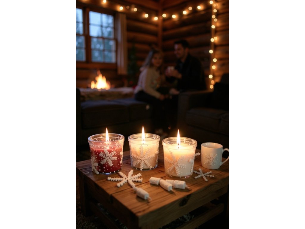 A cozy Christmas Eve scene inside a rustic cabin, three hand painted snowflake candles atop a reclaimed wooden coffee table, their warm, flickering glow illuminating a half finished gingerbread house kit and