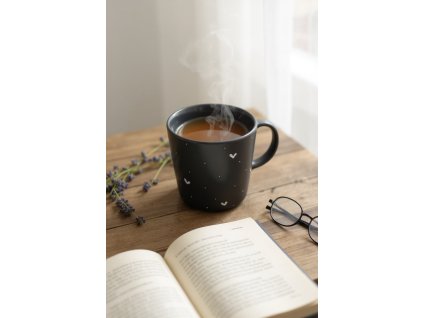 Cozy morning scene on a rustic wooden table, a matte charcoal gray mug with delicate white heart and dot pattern filled with steaming herbal tea, alongside an open book of poetry, natural light streaming thro