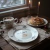 Cozy winter breakfast scene with a whimsical, hand painted plate featuring a flying pig design as the centerpiece, presented on a rustic wooden table; Soft, natural light streaming through a frosty window (1)