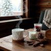Cozy winter cabin scene A steaming mug with a snowflake pattern sits atop a weathered wooden table, next to a collection of hand poured candles in mason jars, also adorned with snowflake designs Soft, diffuse