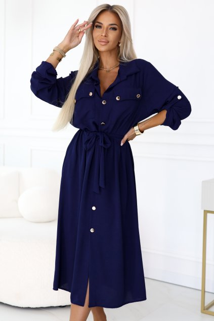 Košilové šaty s páskem tmavě modré