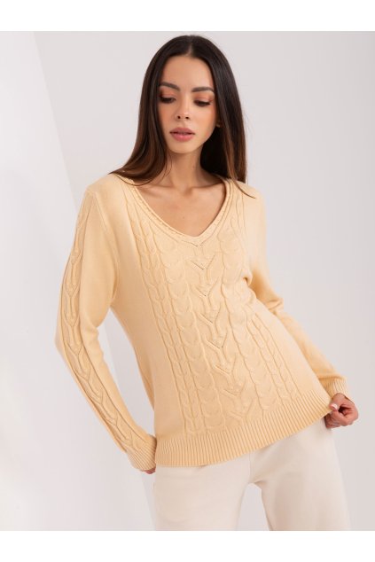 pol pl Hurt Bezowy sweter z warkoczami i dekoltem V 401827 1