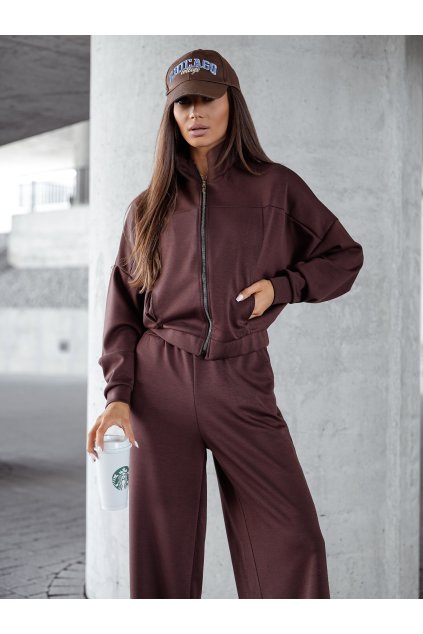 Tepláková souprava s mikinou na zip hnědá