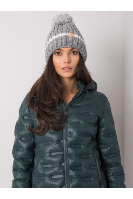 Zimní čepice s bambulkou šedá s bílým pruhem