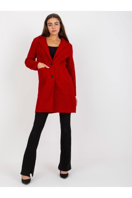 Plyšový kabát s knoflíky a velkými kapsami červený