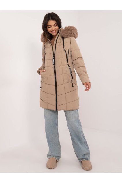 Prošívaná bunda dlouhá s kožíškem béžová