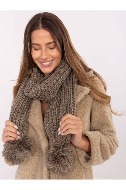 Pletená šála s bambulkami tmavě béžová