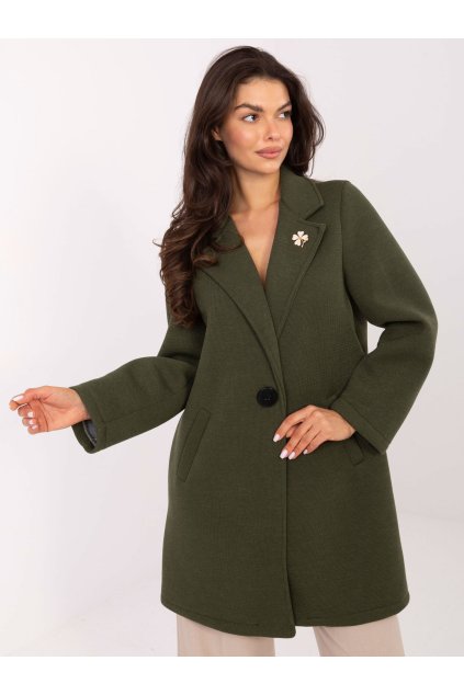 Jednoduchý kabát s knoflíkem a broží tmavě zelený