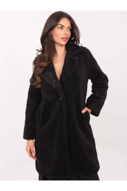 Plyšový kabát s knoflíkem a kapsami černý