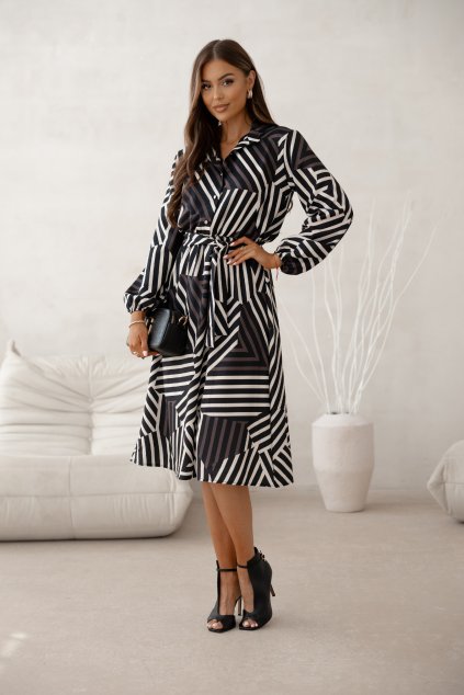 Košilové šaty s dlouhým rukávem a páskem hnědé