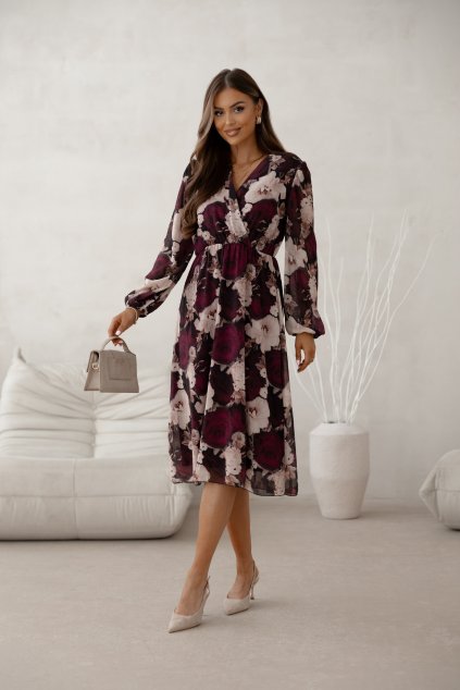 Květinové šaty s dlouhými rukávy vínové