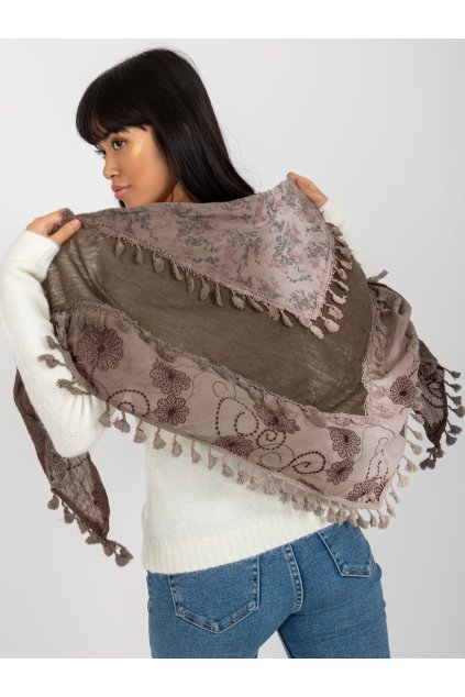 Bavlněný šátek s vlnou a třásněmi hnědý