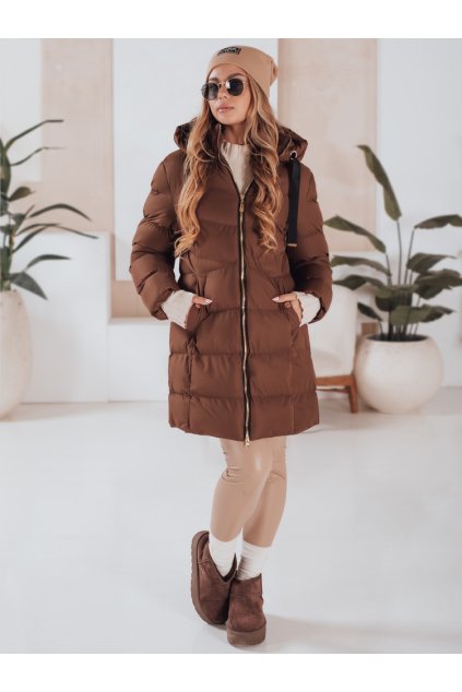 Delší prošívaná zimní bunda na zip s kapucí hnědá